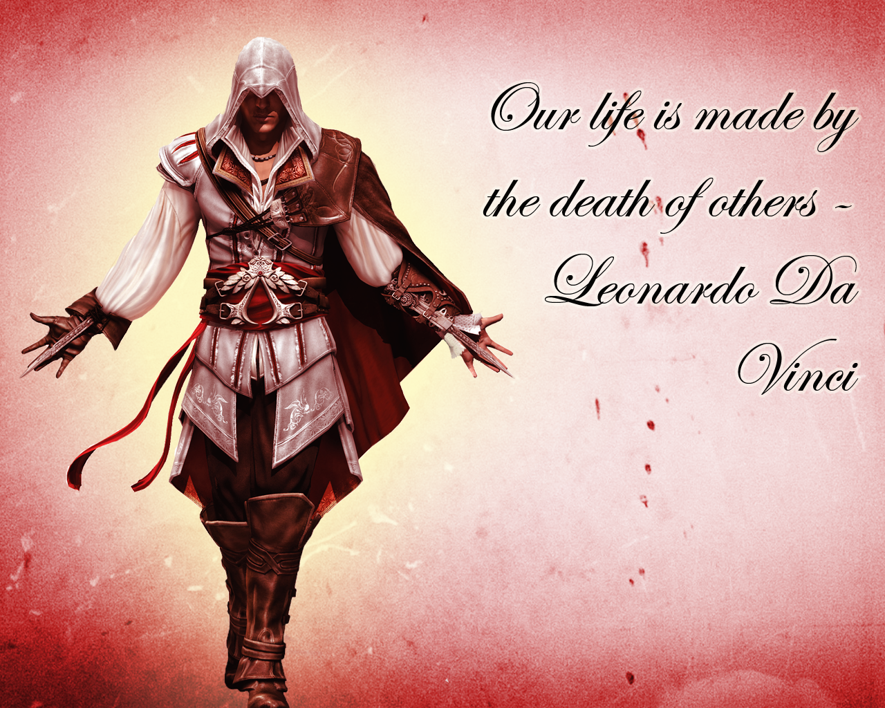 Promotional art from the video game Assassin's Creed II showing hooded assassin Ezio in white robes walking against a red background beside a Leonardo da Vinci quote.