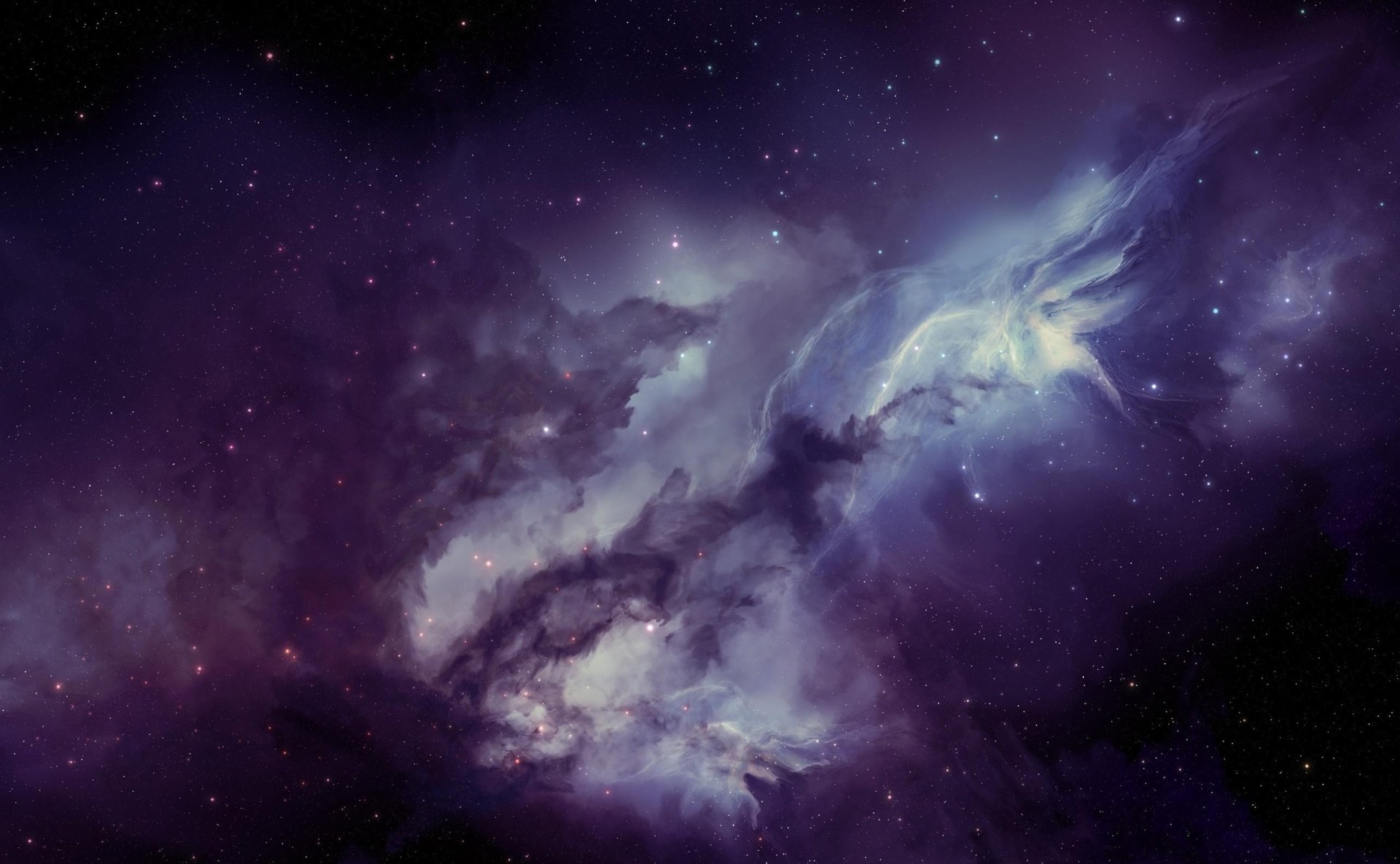 A vibrant sci-fi nebula with swirling clouds of purple and blue gas set against a starry cosmic background.