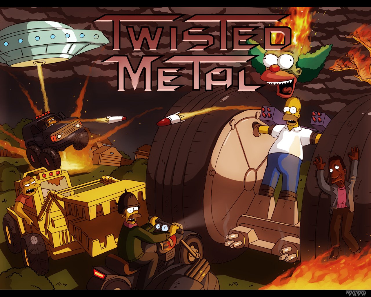 A colorful illustration featuring characters from The Simpsons in a chaotic scene inspired by the video game Twisted Metal, showcasing vehicles and explosive action elements.
