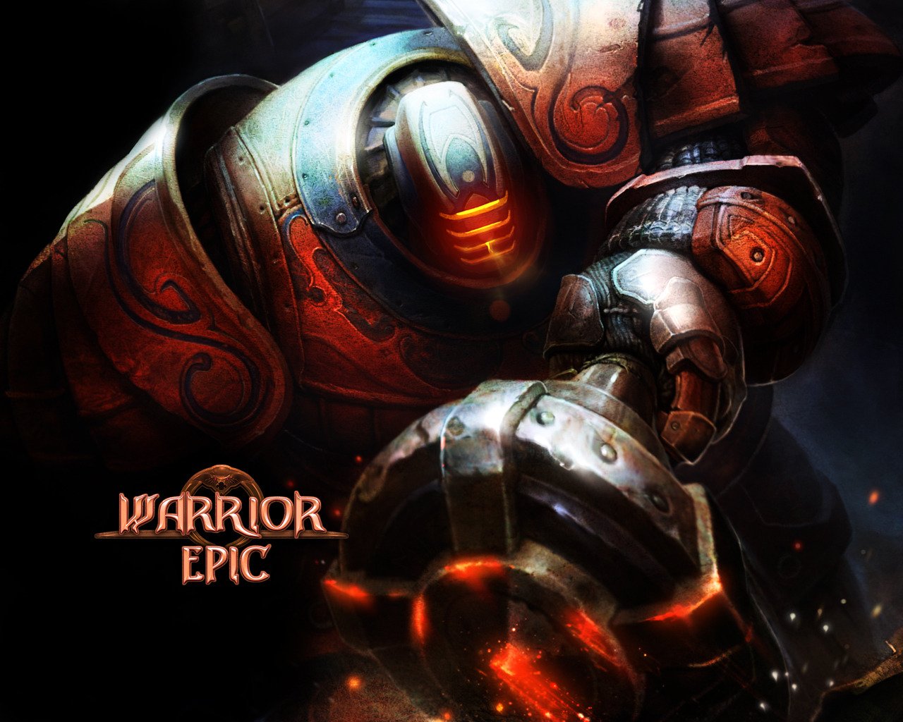 Video game artwork: massive ornate armored warrior with glowing helm and a fiery warhammer amid sparks and darkness; the title Warrior Epic appears at the lower left.