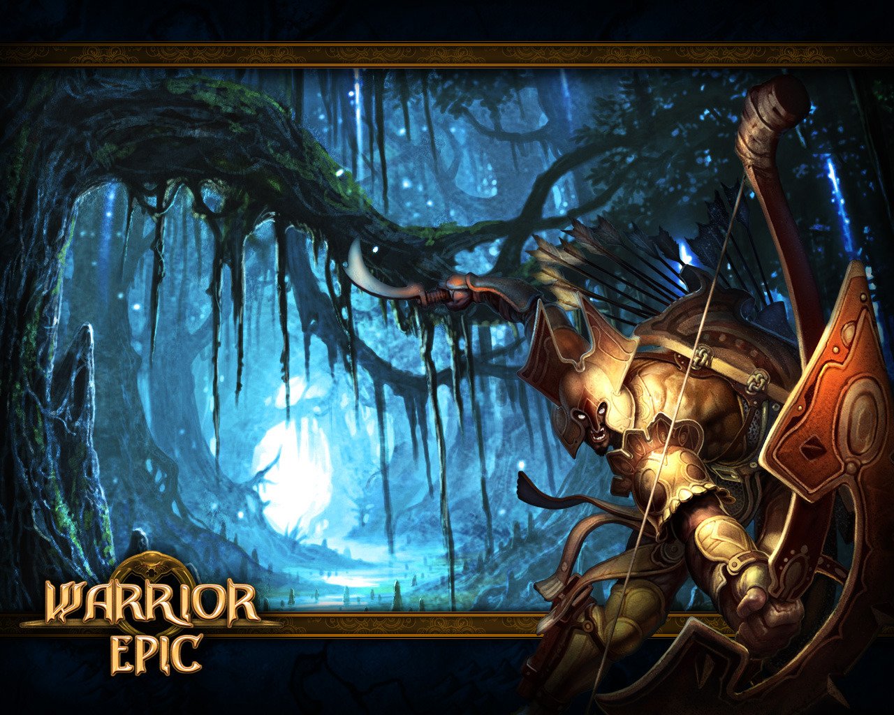 Armored archer aims a bow amid a glowing, misty forest at night — promotional art for video game Warrior Epic.