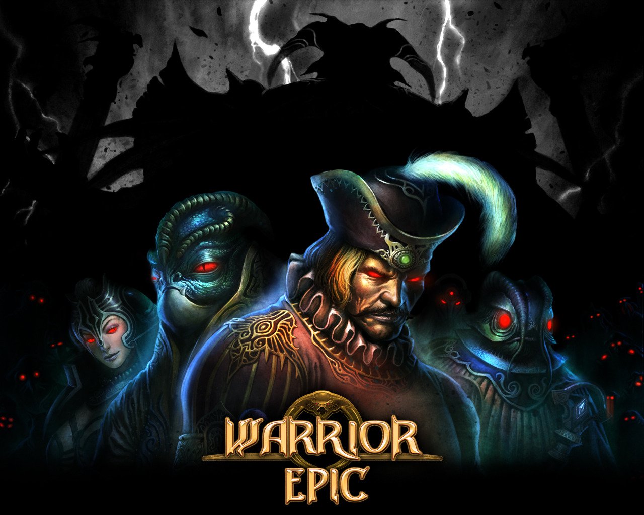 Dark, mystical characters with glowing red eyes stand against a shadowy, stormy background in the video game Warrior Epic.