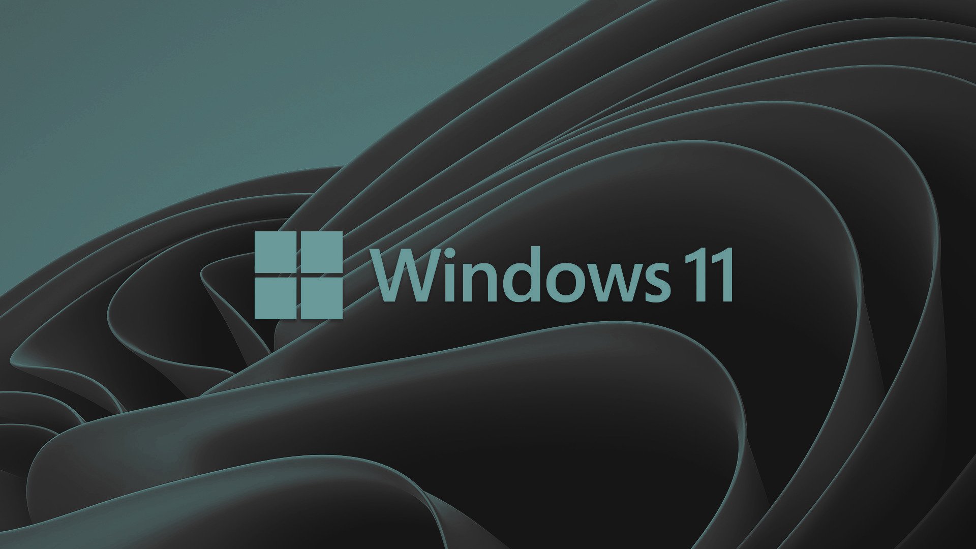 Minimalist Microsoft Windows 11 wallpaper: teal abstract layered waves with the Windows logo and Windows 11 text — technology operating system branding.