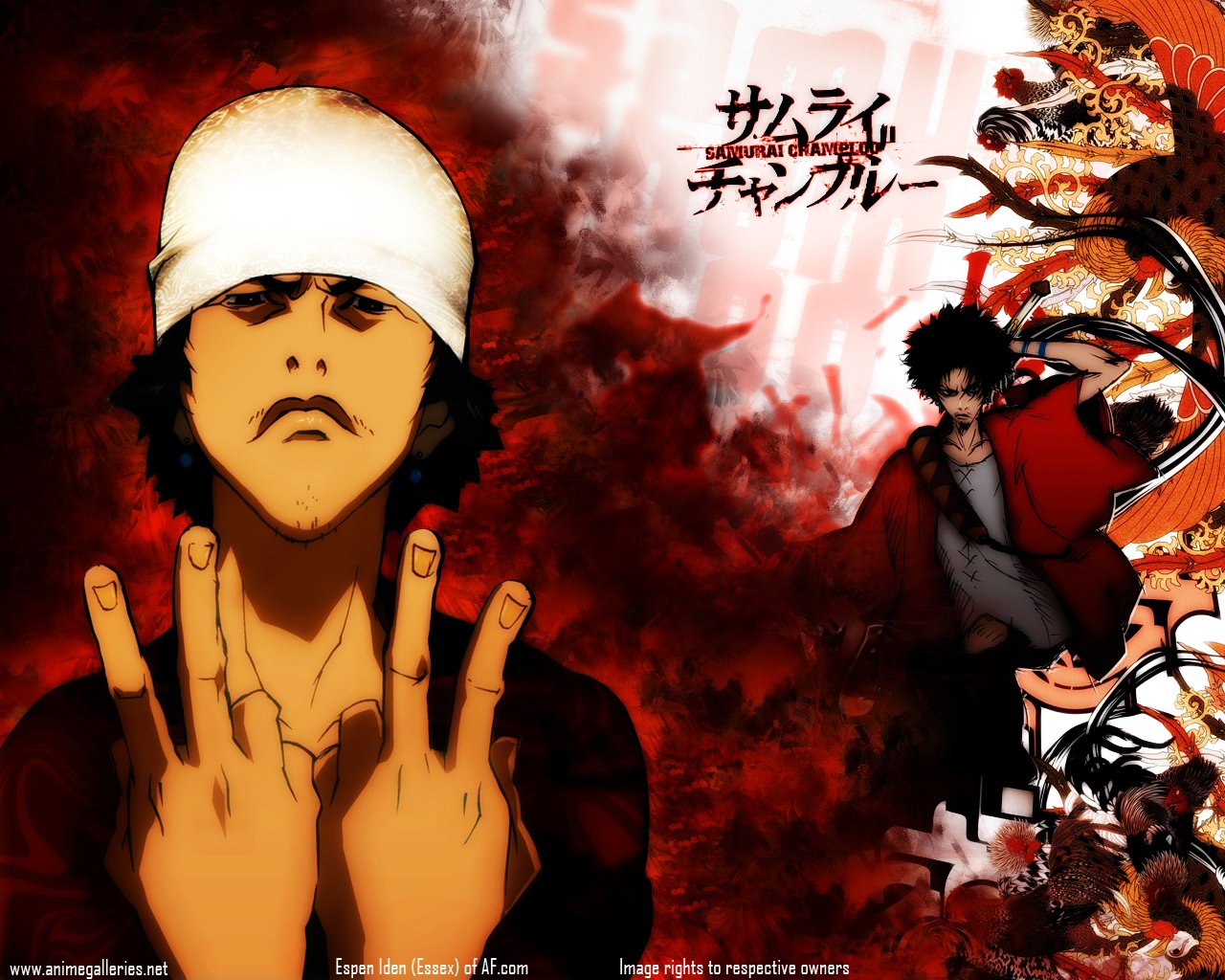 Anime-style image from Samurai Champloo featuring two characters, one in a white headwrap showing three fingers, set against a dynamic red and black background.