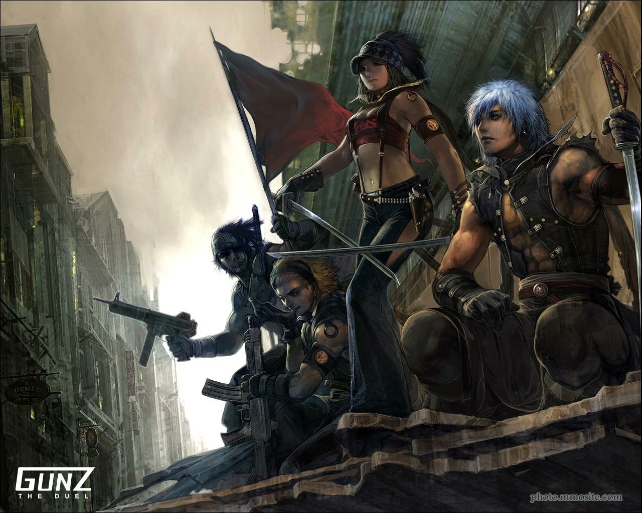 Promotional art for the video game GunZ The Duel: four armed, armored characters on a rooftop with a flag, overlooking a ruined urban skyline.