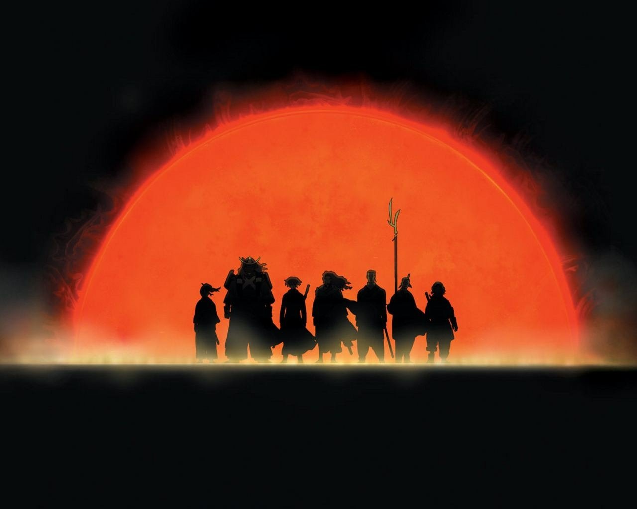 Anime Samurai 7 scene: seven samurai silhouettes stand on a dark horizon against a massive glowing red sun.