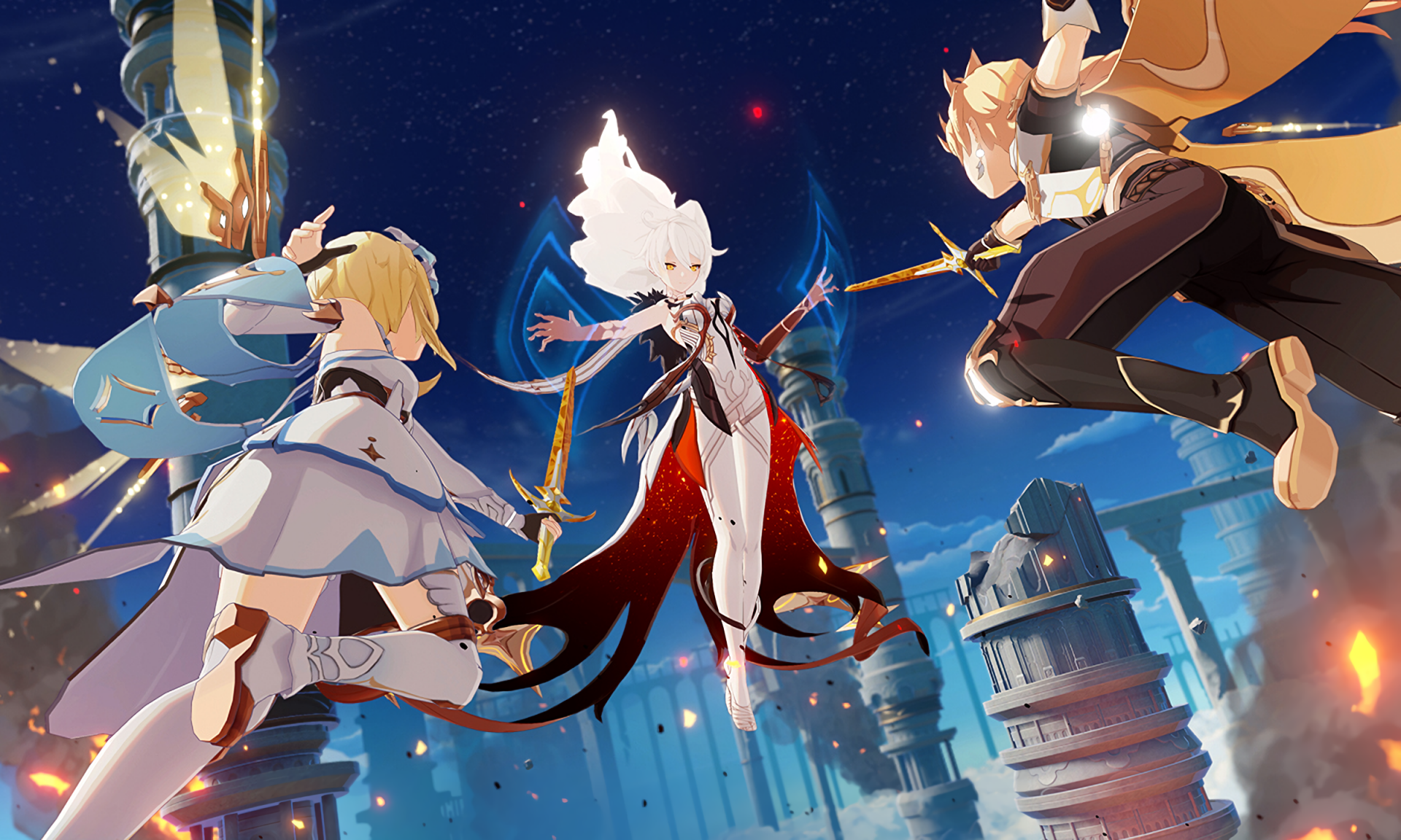 Aether and Lumine confront the Unknown God in a dramatic scene from the video game Genshin Impact, set against a starry night sky and ancient ruins.