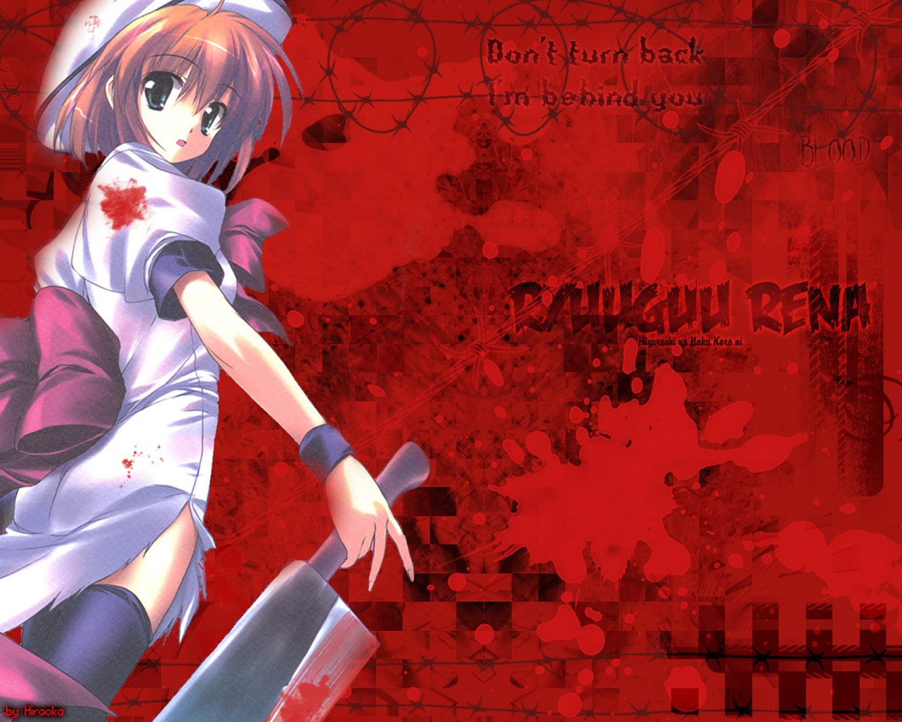 Rena Ryūgū from Higurashi When They Cry anime holds a large cleaver against a dark red background with ominous text.