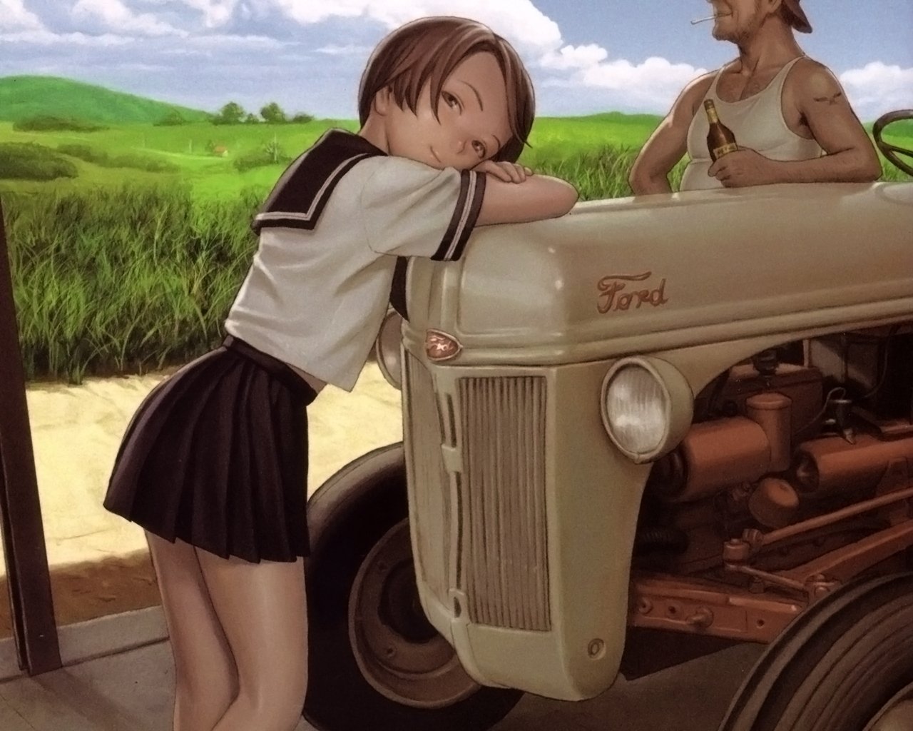 Anime-style girl in a school uniform leans on a vintage Ford tractor in a vibrant rural setting, blending Super Color Comic and Robot-inspired artistic elements.
