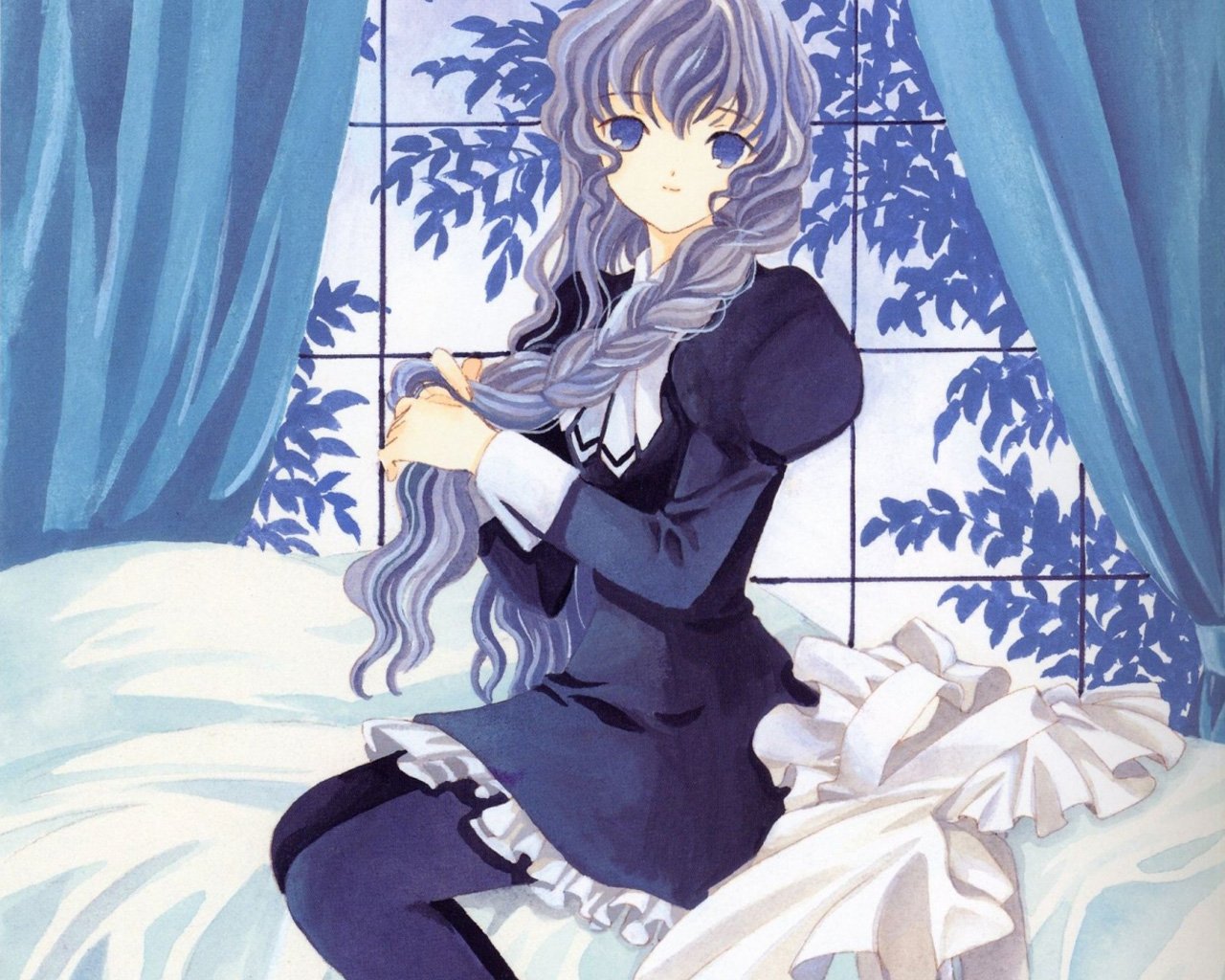 Anime-style illustration from Chobits featuring a character with long, wavy lavender hair sitting on a bed by a window with blue curtains and leafy shadows outside.
