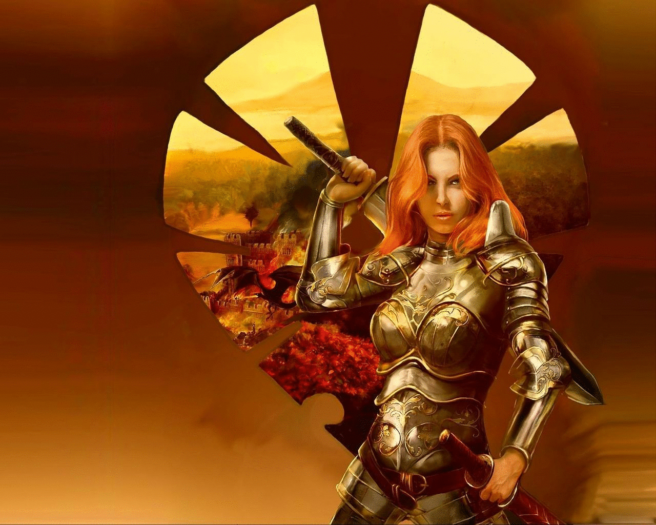 A fierce woman warrior stands in shining armor, wielding a weapon with determination against a backdrop of an enchanting landscape, embodying fantasy and strength.