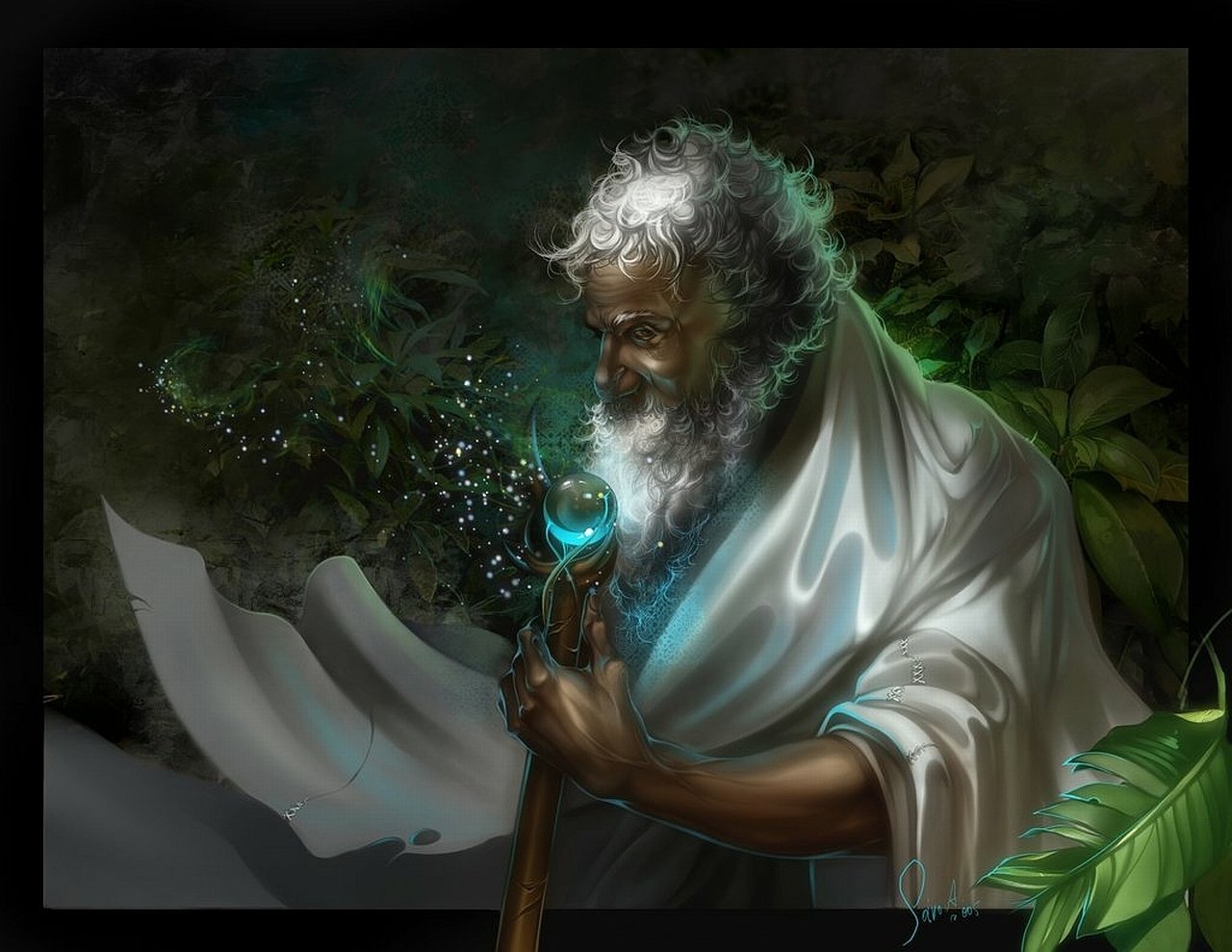 A fantasy sorcerer — an elderly man with white hair and beard in a pale cloak — holds a staff topped by a glowing blue orb as magical sparks swirl in leafy darkness.