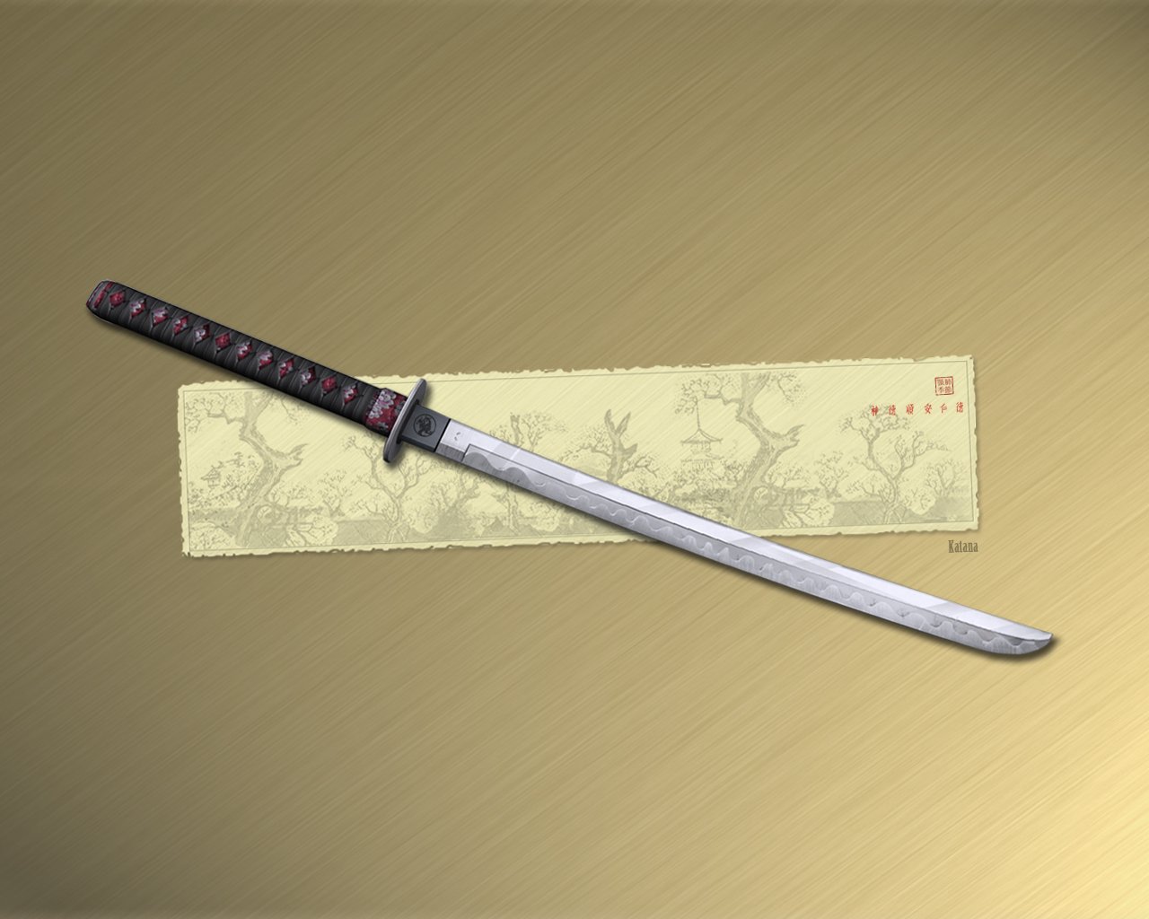 A beautifully crafted sword rests on a textured gold background, accompanied by an elegant scroll featuring intricate designs, showcasing the artistry of man-made weaponry.