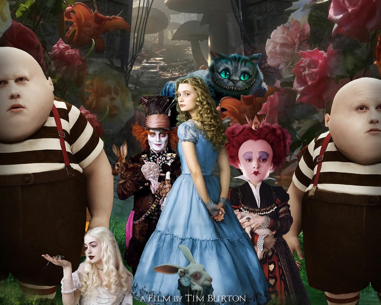 Tweedledum Tweedledee White Queen (Alice in Wonderland) cheshire cat Queen of Hearts Mad Hatter Alice (Alice in Wonderland) Anne Hathaway Johnny Depp Helena Bonham Carter Mia Wasikowska Alice In Wonderland movie Alice in Wonderland (2010) Image