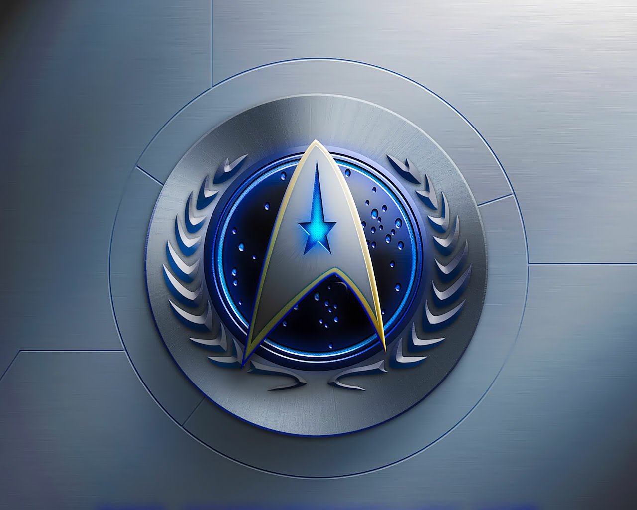 The image features the iconic Starfleet insignia from Star Trek, showcasing a star within a blue circular emblem, set against a sleek silver background.