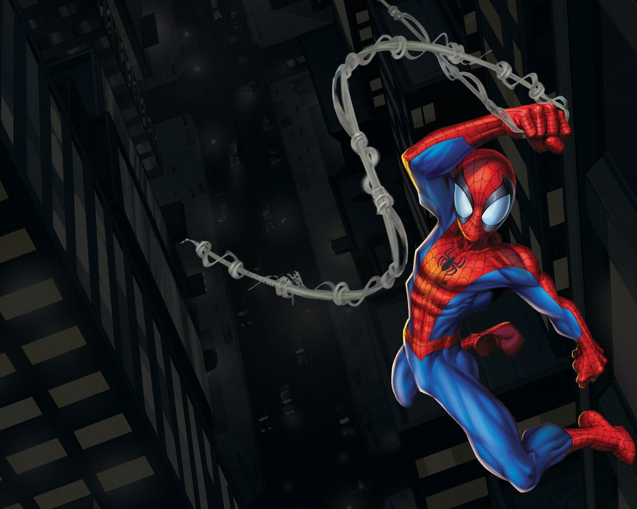 Ultimate Spider-Man (Peter Parker) in comic style swings through a dark city, web trailing as he strikes a dynamic mid-air pose.