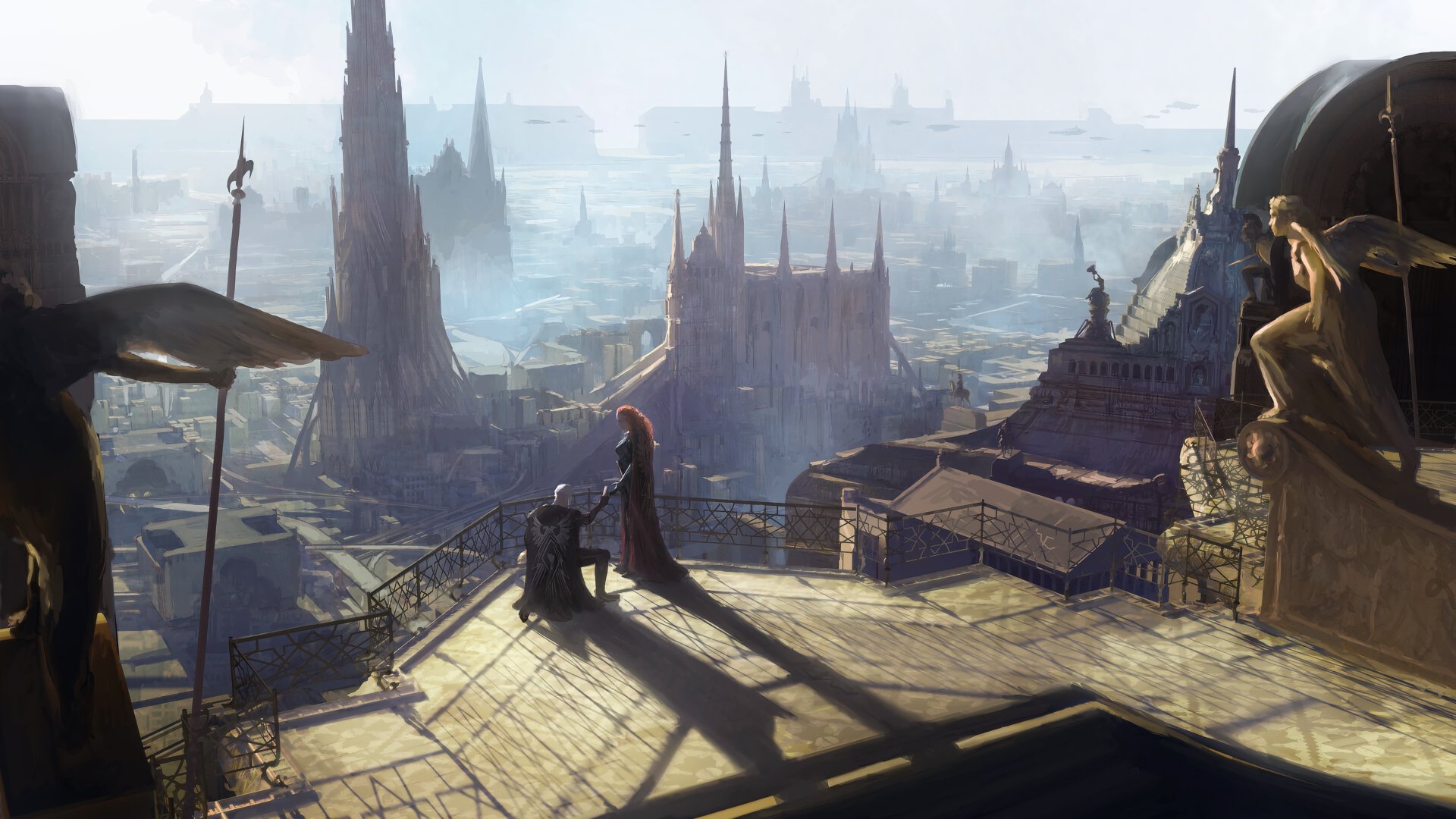 Panoramic view of a sprawling fantasy city: soaring spires, ornate rooftops, statues, and a lone cloaked figure overlooking a misty urban expanse.
