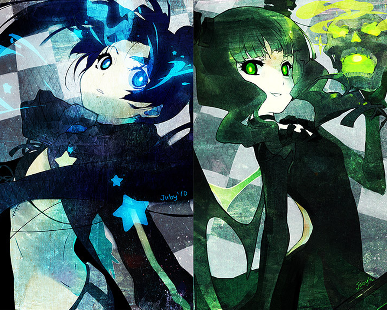 Anime artwork featuring Dead Master and Black Rock Shooter characters, highlighted by their distinct glowing eyes and dynamic, stylized poses.