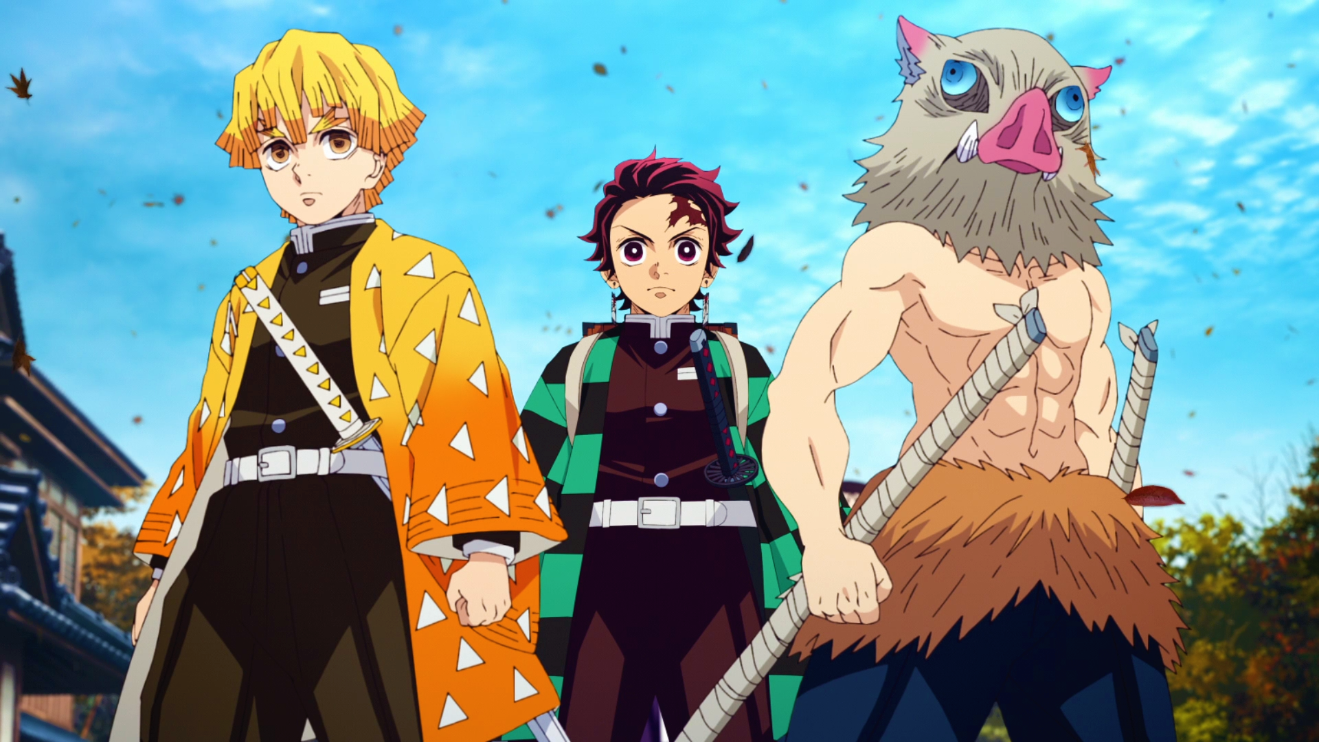Anime scene from Demon Slayer: Kimetsu no Yaiba — Tanjiro, Zenitsu, and Inosuke standing together, ready for battle.