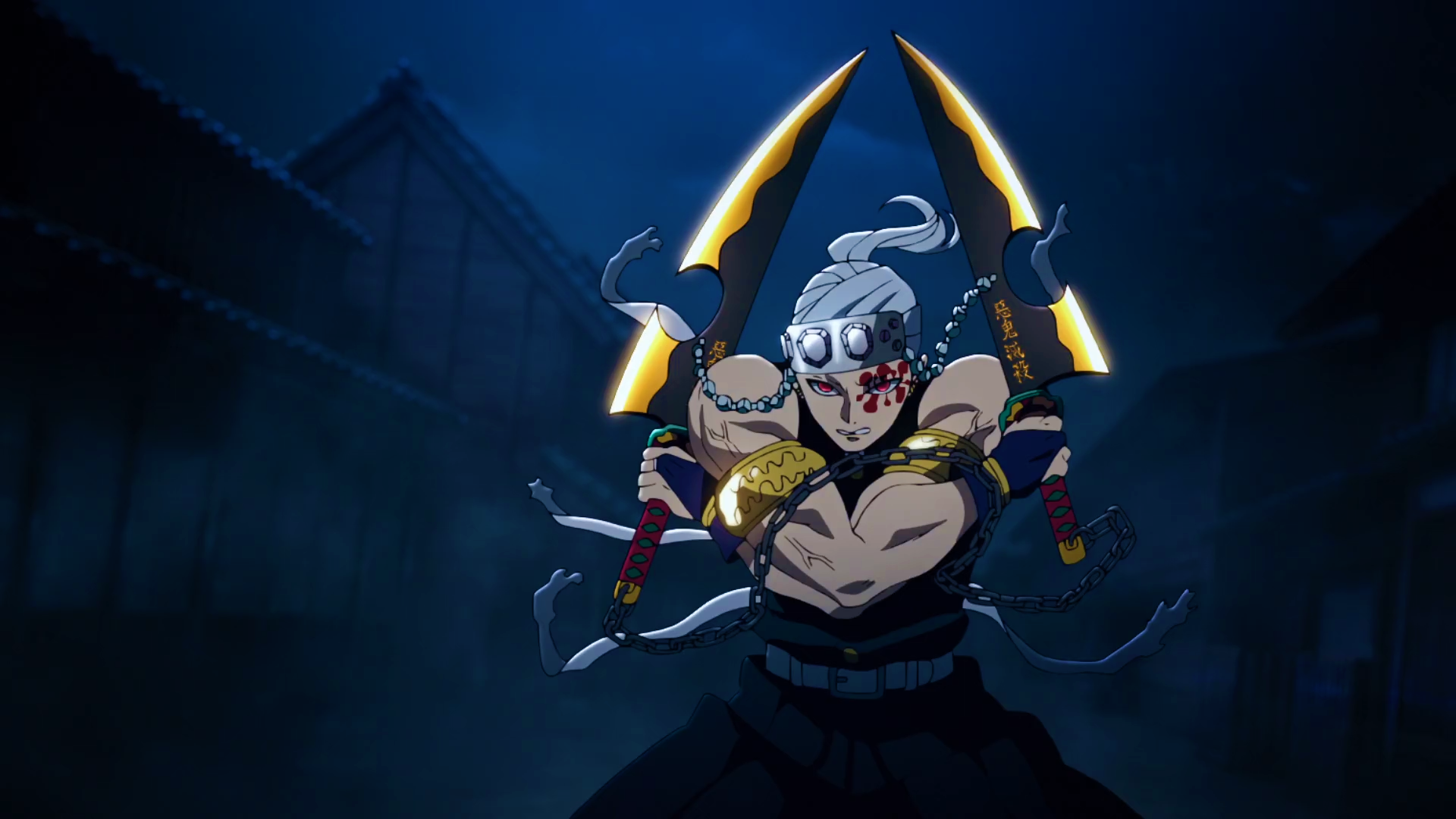 Anime — Demon Slayer: Kimetsu no Yaiba: masked, muscular demon wielding twin hooked blades, bandaged torso and multiple arm straps, poised to strike in a fog-shrouded village at night.
