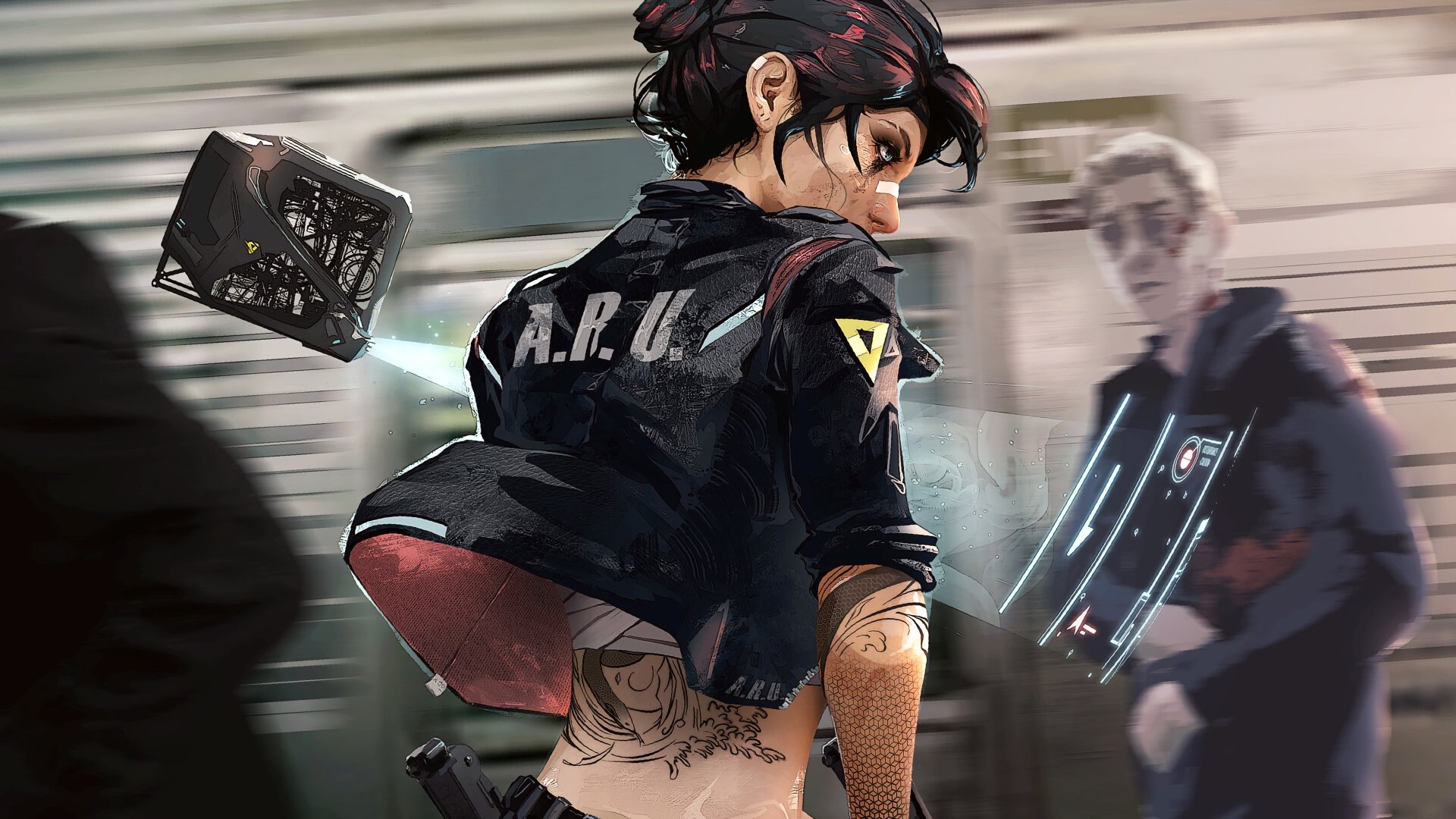 Sci-fi cyberpunk scene: a streetwise woman in an A.R.O. jacket glances back as a hovering data cube and a figure with a holographic tablet move through a blurred neon alley.