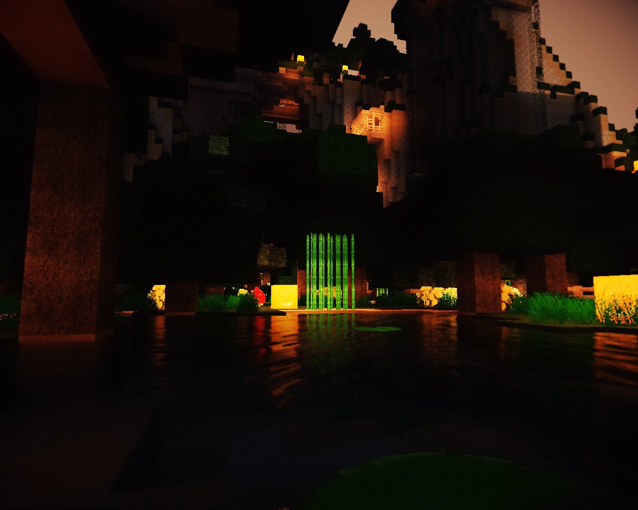 A serene Minecraft scene featuring glowing trees and a shimmering pond at dusk, with a distant mountain silhouette and lush greenery.