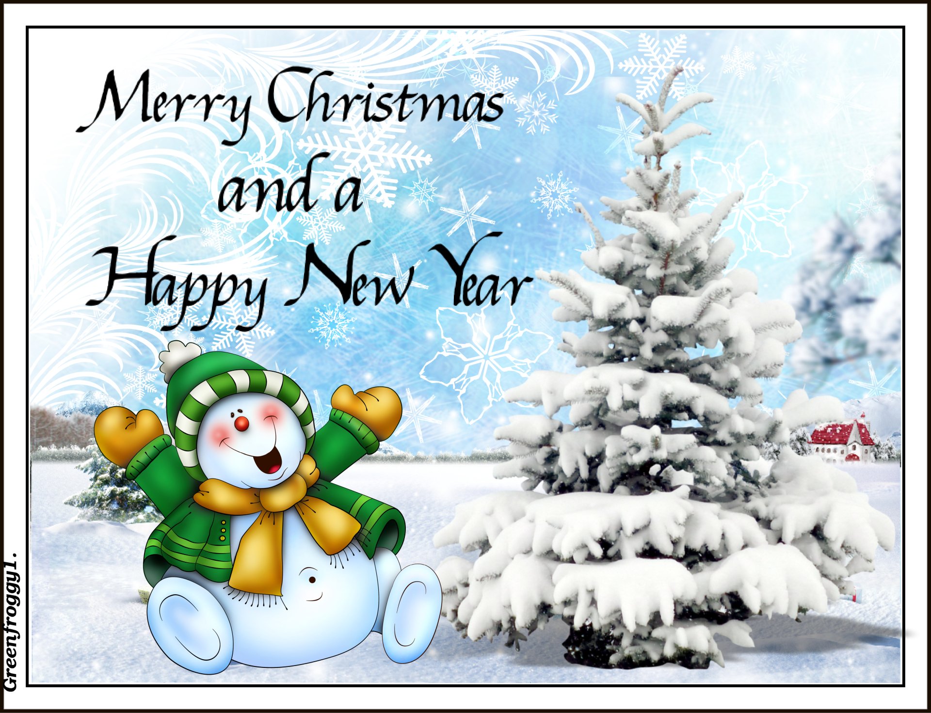 A cheerful snowman in a green hat and scarf waves beside a snow-covered tree with the greeting Merry Christmas and a Happy New Year in elegant script.