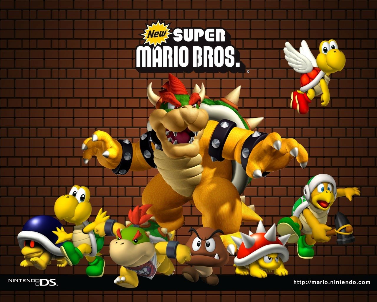 Artwork from the video game New Super Mario Bros. featuring Bowser and various Koopa characters against a brick wall background.