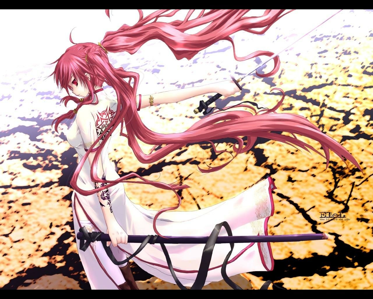 A fierce anime warrior with long pink hair wields a sword, her flowing attire contrasting against a barren, cracked landscape, embodying strength and determination.