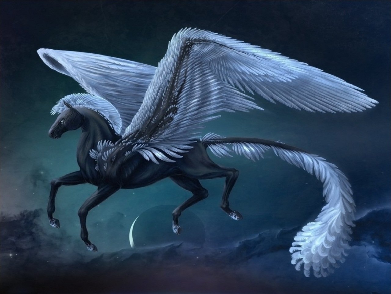 A majestic black Pegasus with sweeping white wings soars through a starry sky, embodying the essence of fantasy and elegance.