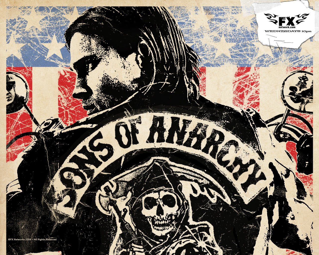 A dramatic promotional image from the TV show Sons of Anarchy, featuring a character in profile, wearing a leather jacket with the show's logo against a backdrop of the American flag.