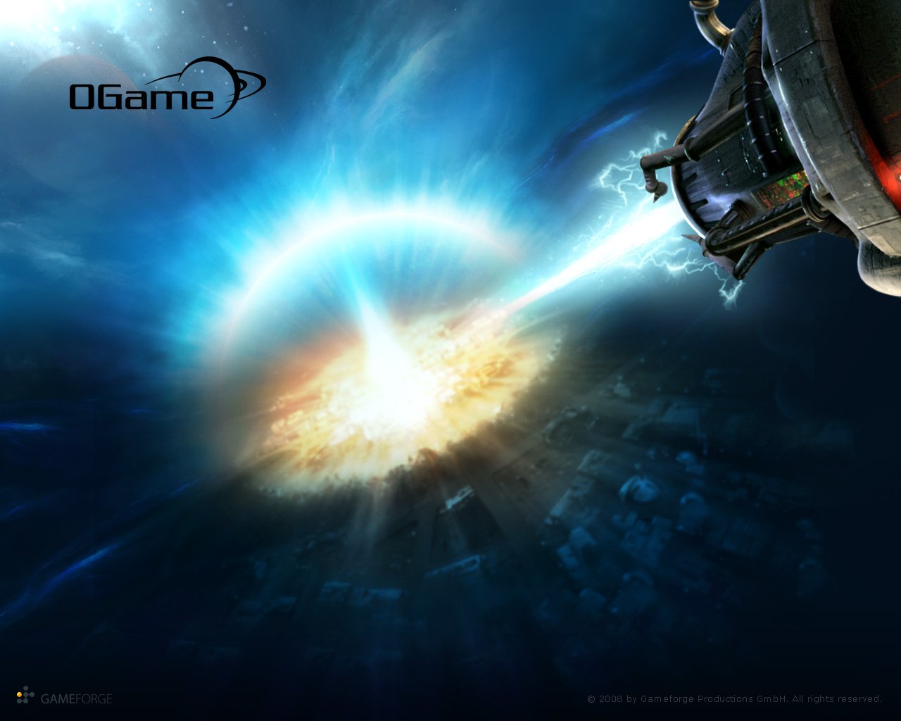 OGame video game art: a spaceship fires a blue energy beam at a glowing planetary explosion set against a deep-space starfield.
