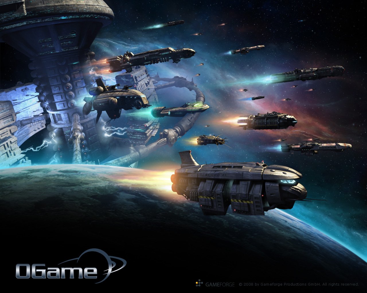 Fleet of futuristic spaceships orbiting a planet in a scene from the video game OGame.