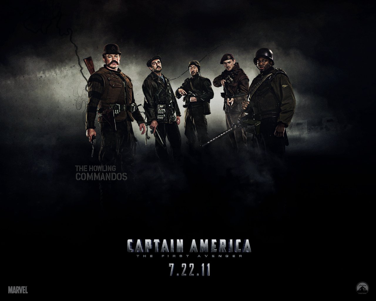 Promotional image for the movie Captain America: The First Avenger, featuring a group of armed commandos standing together against a dark, smoky background.