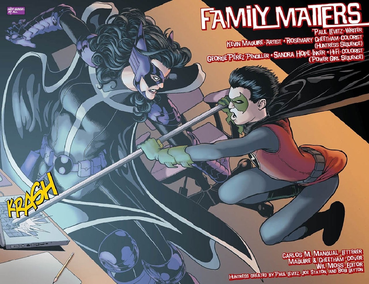 Comic scene depicting a fierce battle between a hunter in dark armor and a masked young hero, showcasing intense action and dynamic movement.