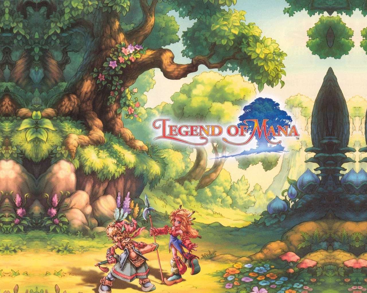 Legend of Mana video game art: two fantasy characters stand beneath a giant flowering tree in a lush, colorful nature scene with ruins and vibrant flowers.