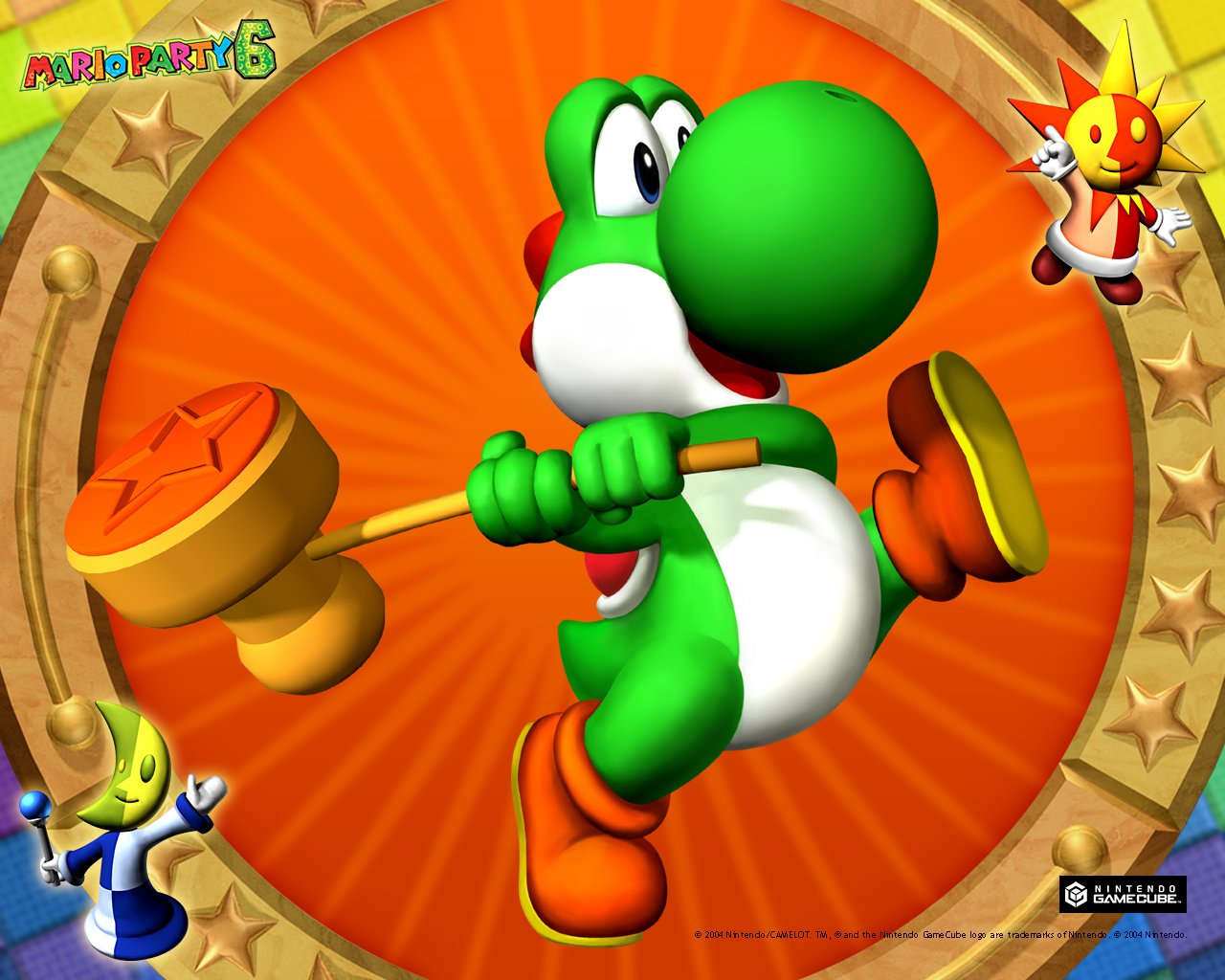 Yoshi from Nintendo's Mario Party 6 video game, striking a dynamic pose with a large wooden hammer against an orange background.