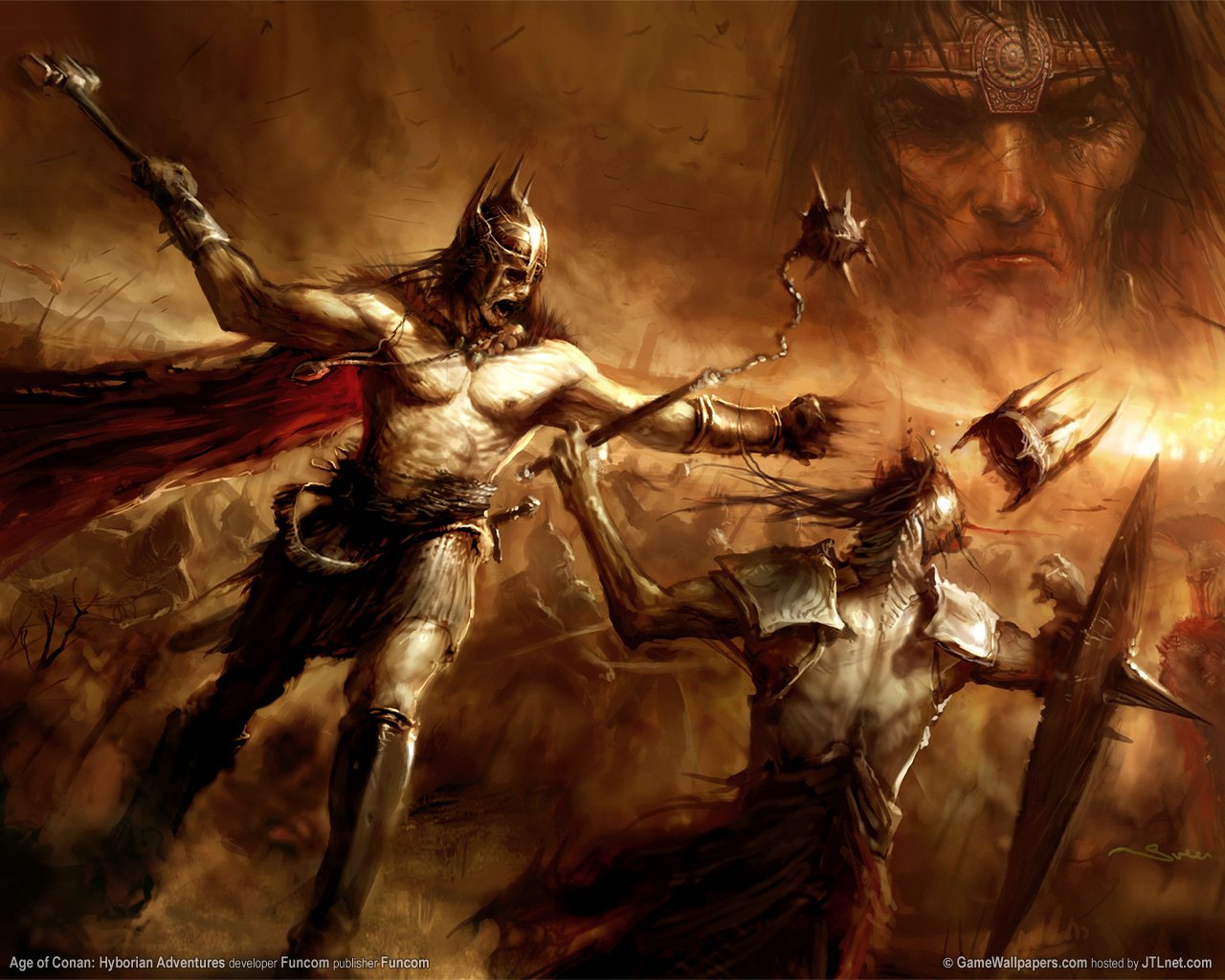 Video game art from Age of Conan: Hyborian Adventures — a barbarian clashes with armored foes on a fiery battlefield, Conan's stern face looming above.