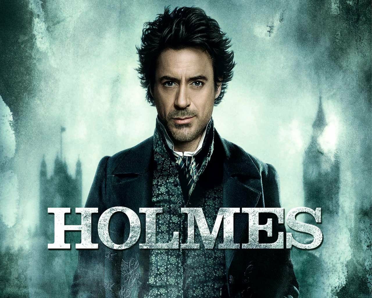Movie poster for Sherlock Holmes: a stern, Victorian-clad man gazes ahead against a foggy London skyline with the title HOLMES prominently displayed.