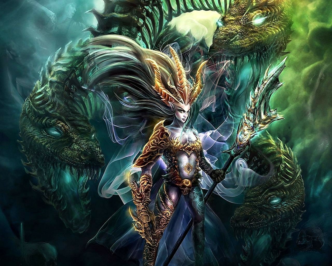 A powerful female warrior stands majestically, adorned in ornate armor, wielding a spear, surrounded by mythical dragon-like creatures in a vibrant fantasy landscape.