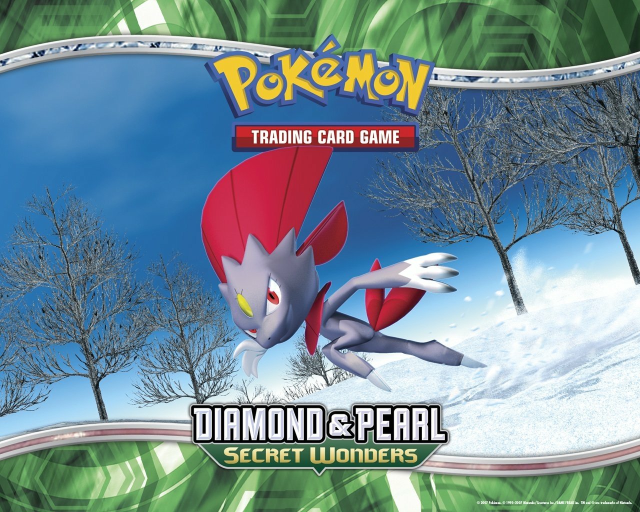 Cover art for a Pokémon Trading Card Game featuring Weavile from the Diamond & Pearl Secret Wonders video game series, set against a snowy landscape with bare trees.
