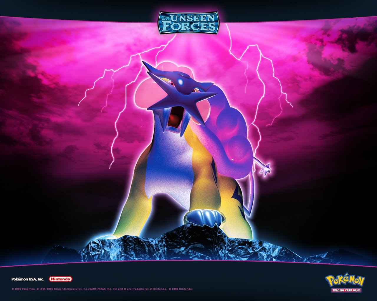 A vivid illustration of Raikou, a legendary Pokémon, surrounded by a dramatic backdrop of purple skies and lightning, highlighting its power from the Pokémon trading card game.