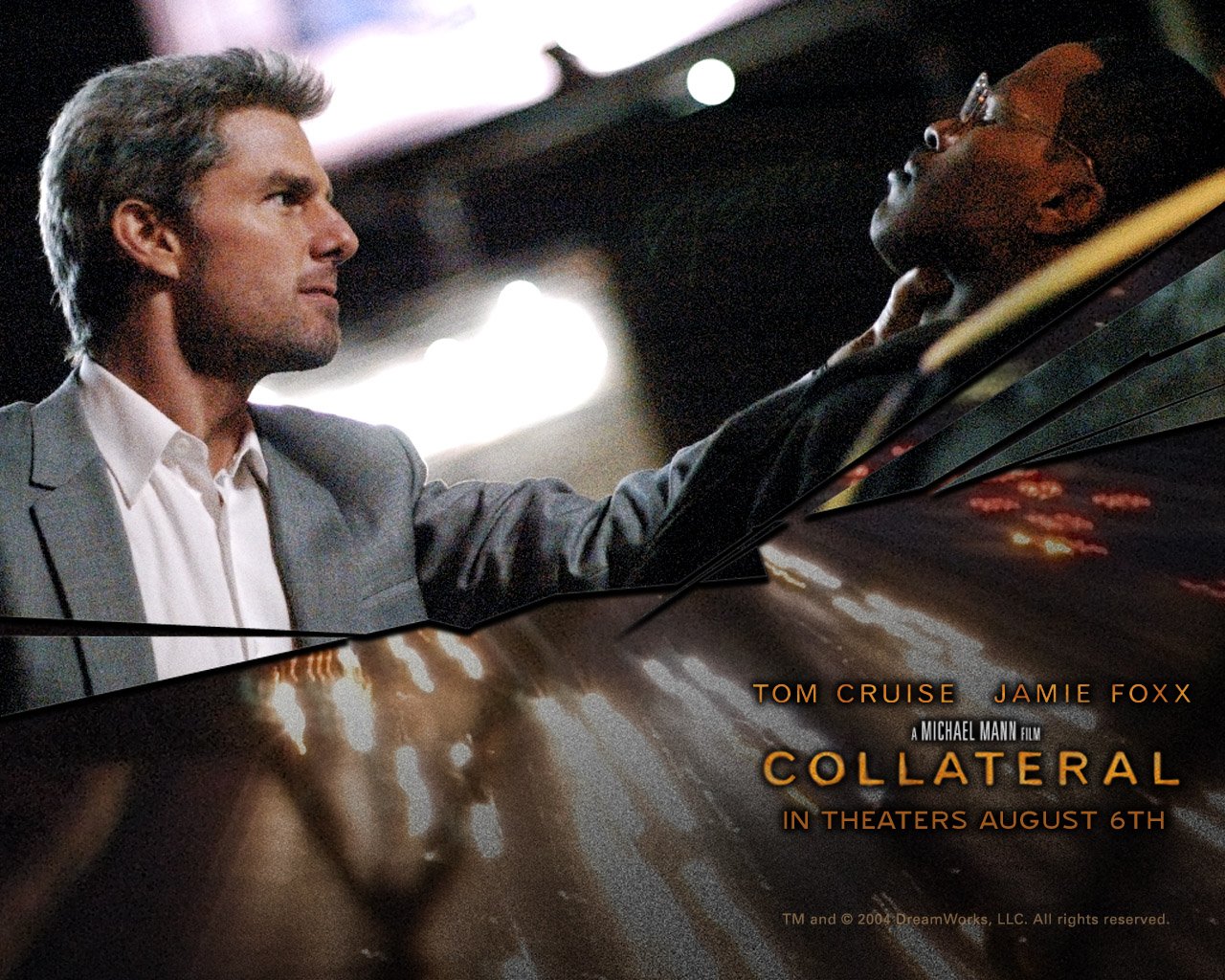 Movie poster for Collateral: a tense nighttime city shot of a suited man leaning into a car window confronting another man, blurred neon lights below.