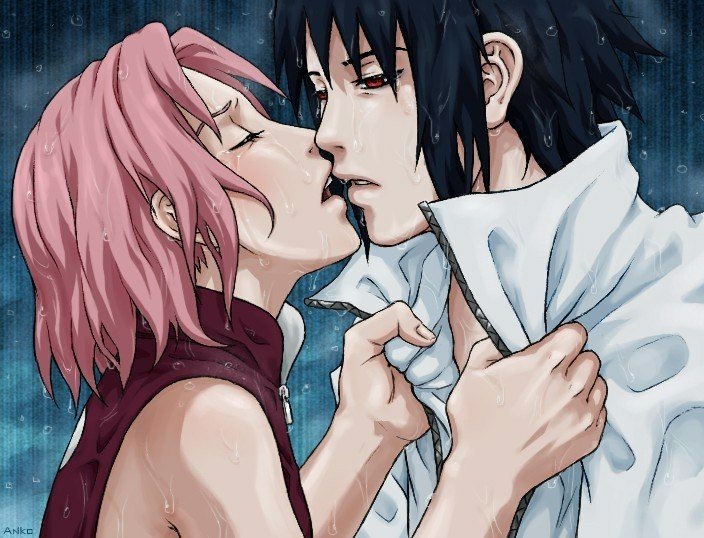 A romantic scene in anime style featuring Sakura and Sasuke from Naruto sharing a kiss in the rain, showcasing emotional intensity and passion.