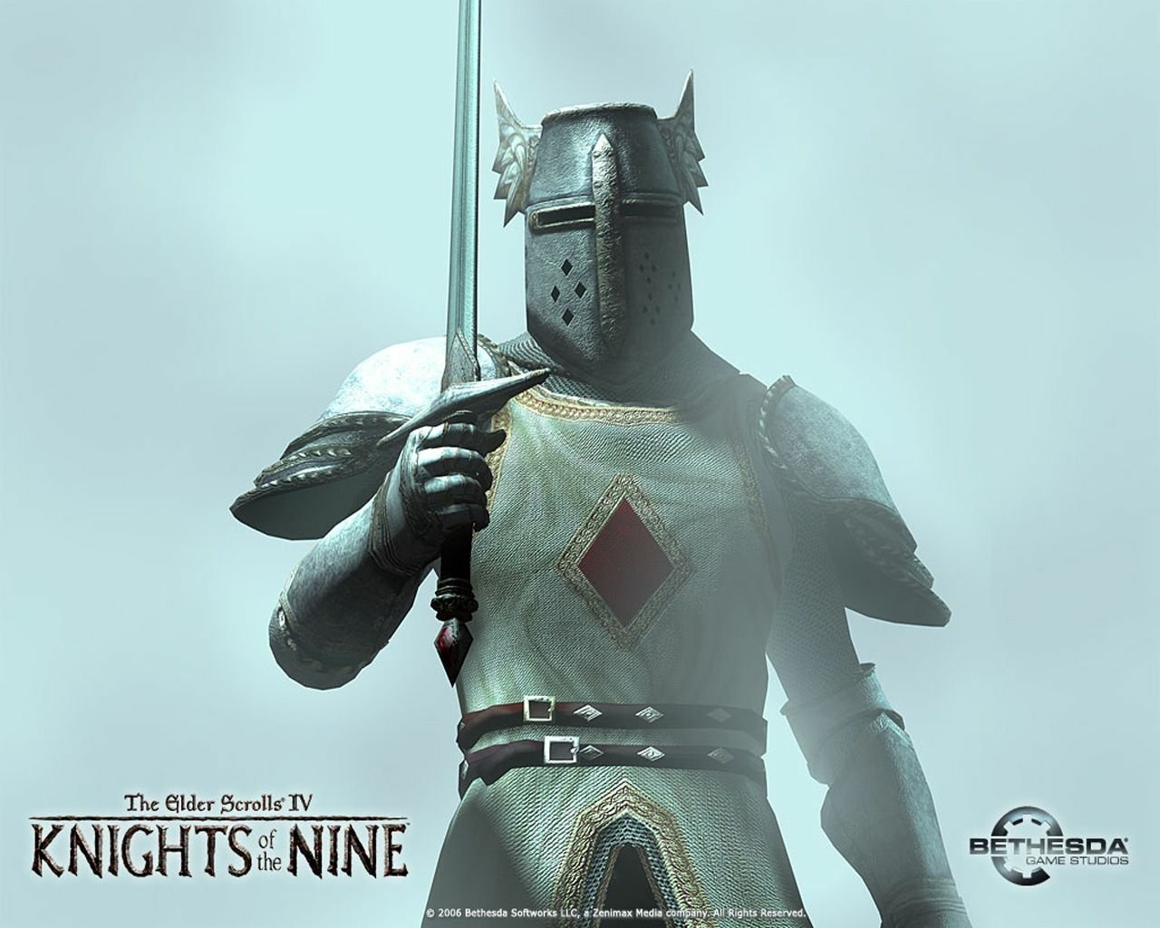 Armored knight holding a sword, featured in the video game The Elder Scrolls IV: Oblivion – Knights of the Nine expansion.