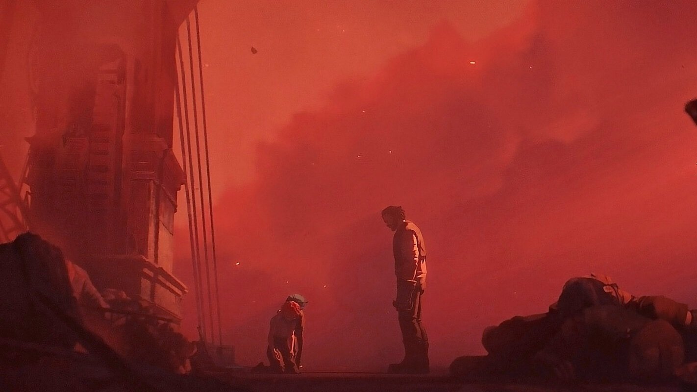 Scene from the TV show Arcane: two silhouetted figures on a ruined platform in a red-orange haze, one standing and one crouched amid industrial debris.