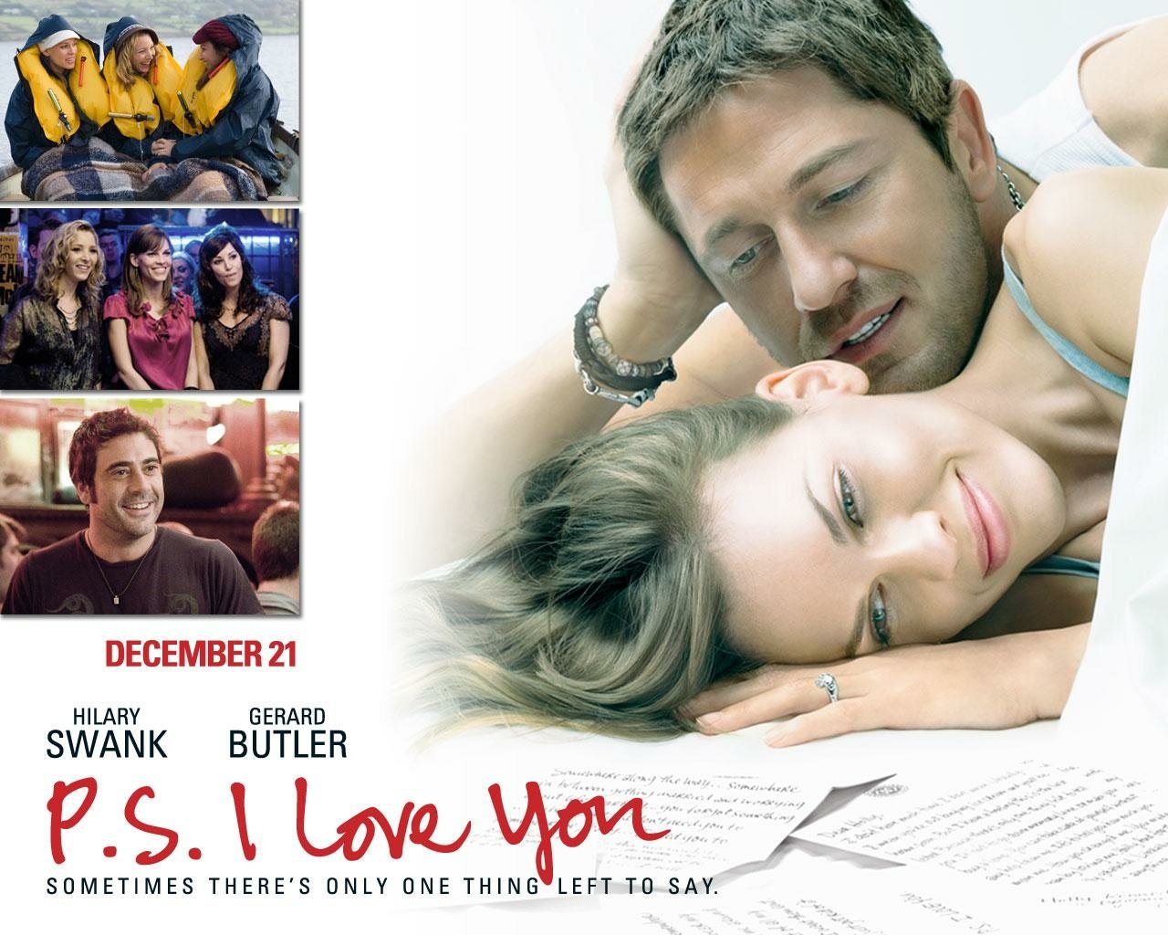 A romantic scene from the movie P.S. I Love You featuring Hilary Swank and Gerard Butler embracing, highlighting themes of love and connection.