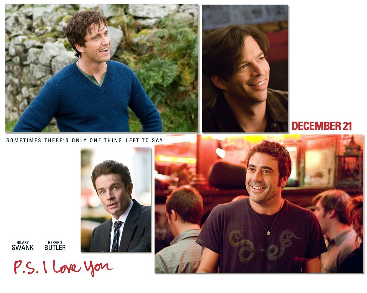 Collage poster for the movie P.S. I Love You: four warm scenes of smiling characters in outdoor, intimate and pub settings, with December 21 visible.