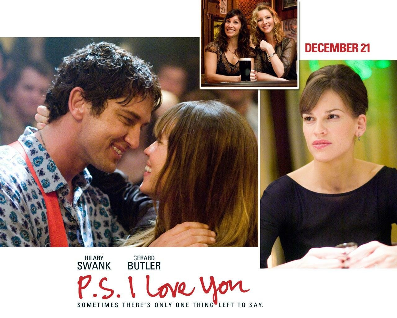 Promotional image for the movie P.S. I Love You showing a romantic moment between the lead characters and a smaller inset of two smiling women.