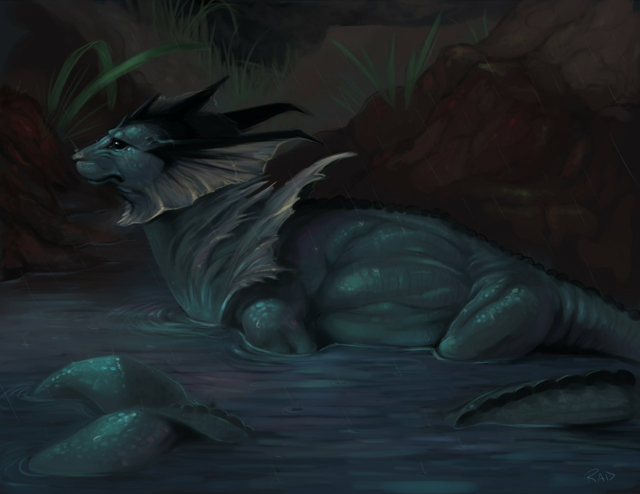 A dark, artistic depiction of Vaporeon from Pokémon, blending Eeveelution features with a reptilian, aquatic design in a shadowy water setting.